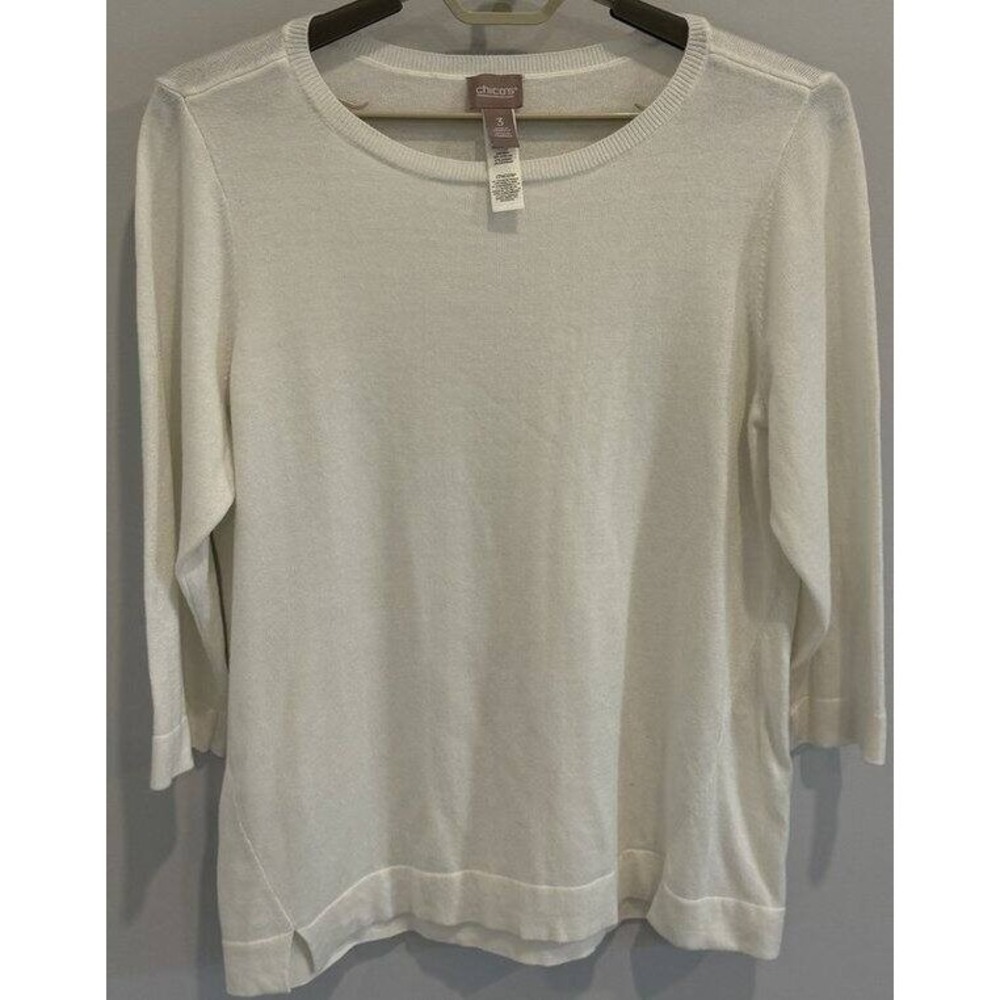 Chicos Soft Lightweight White Tunic Sweater Long Sleeve Cashmere Blend Size 3 XL